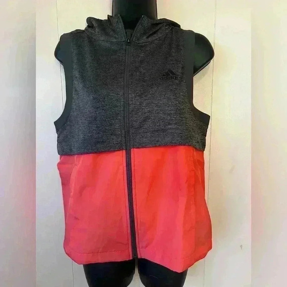 Adidas Women's Sz S Athletic Hooded Colorblock Vest Coral/Gray Adj. Waist - Picture 1 of 7
